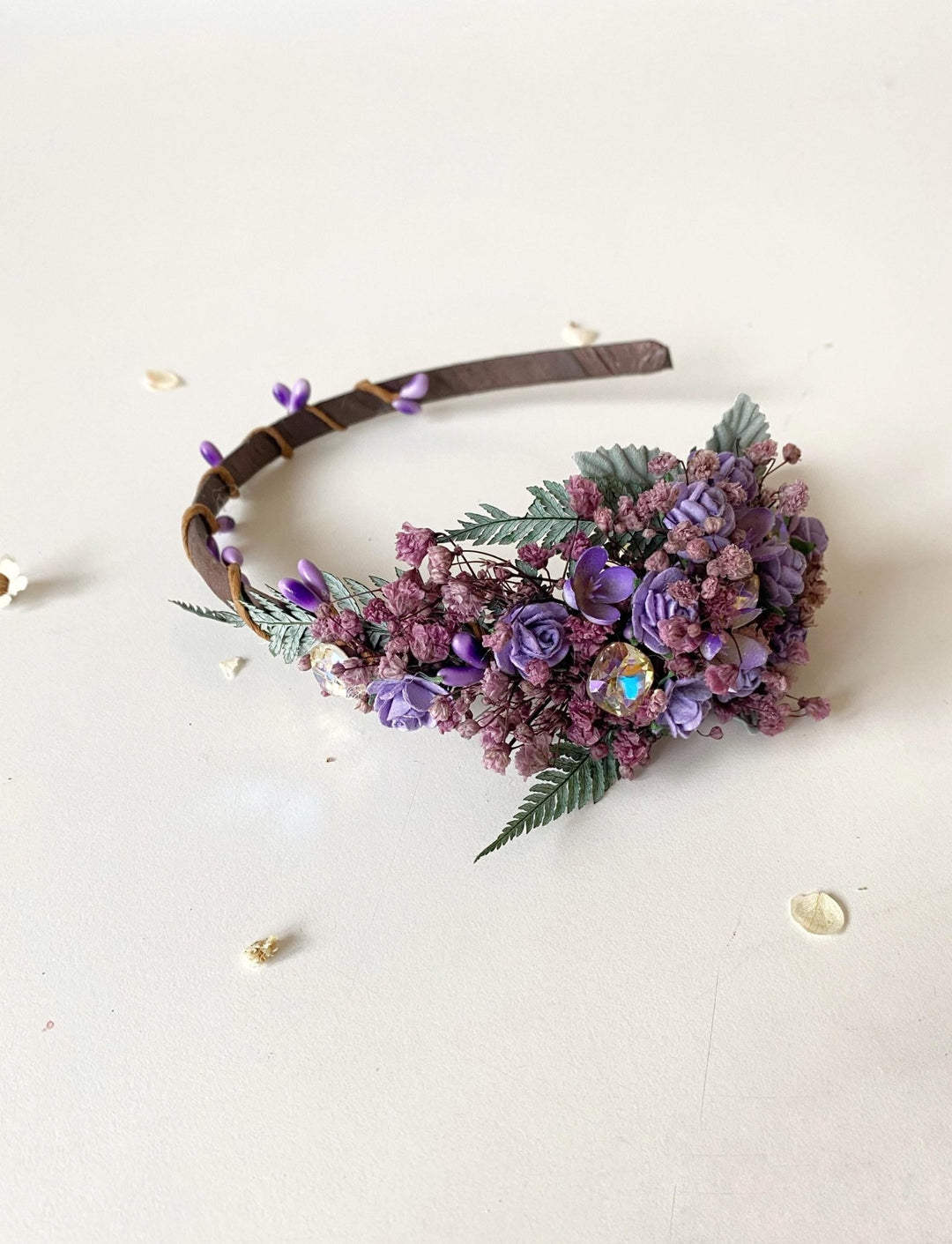 Purple Flower Headband with Stones: Bridal Headpiece – handmade floral hair accessory by magaela