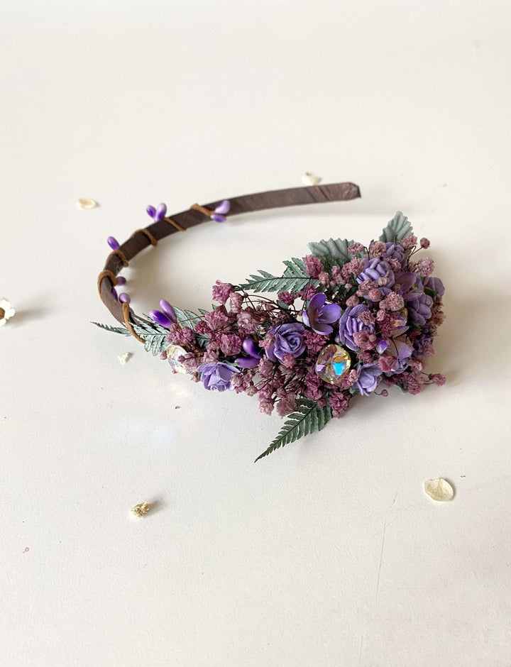 Purple Flower Headband with Stones: Bridal Headpiece – handmade floral hair accessory by magaela