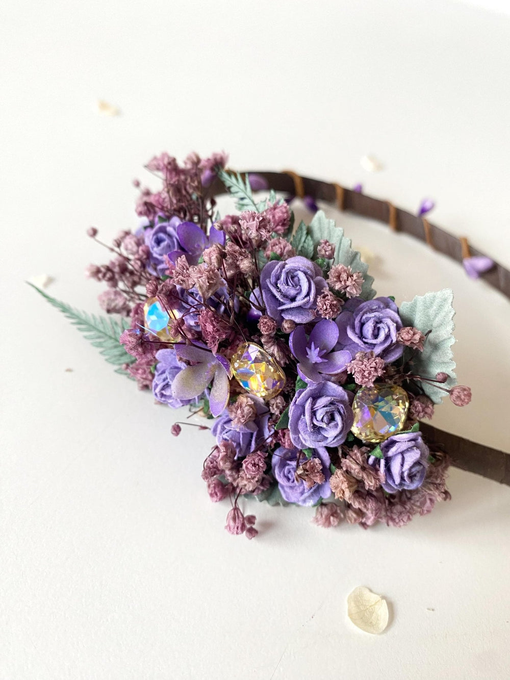 Purple Flower Headband with Stones: Bridal Headpiece – handmade floral hair accessory by magaela