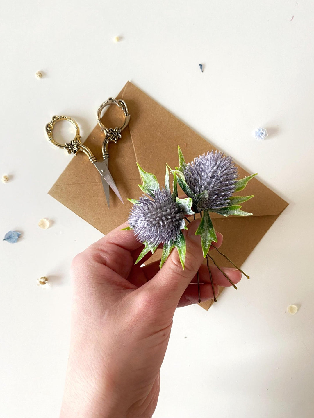 Blue Thistle Flower Hairpins: Boho Bridal Hair Accessories – handmade floral hair accessory by magaela