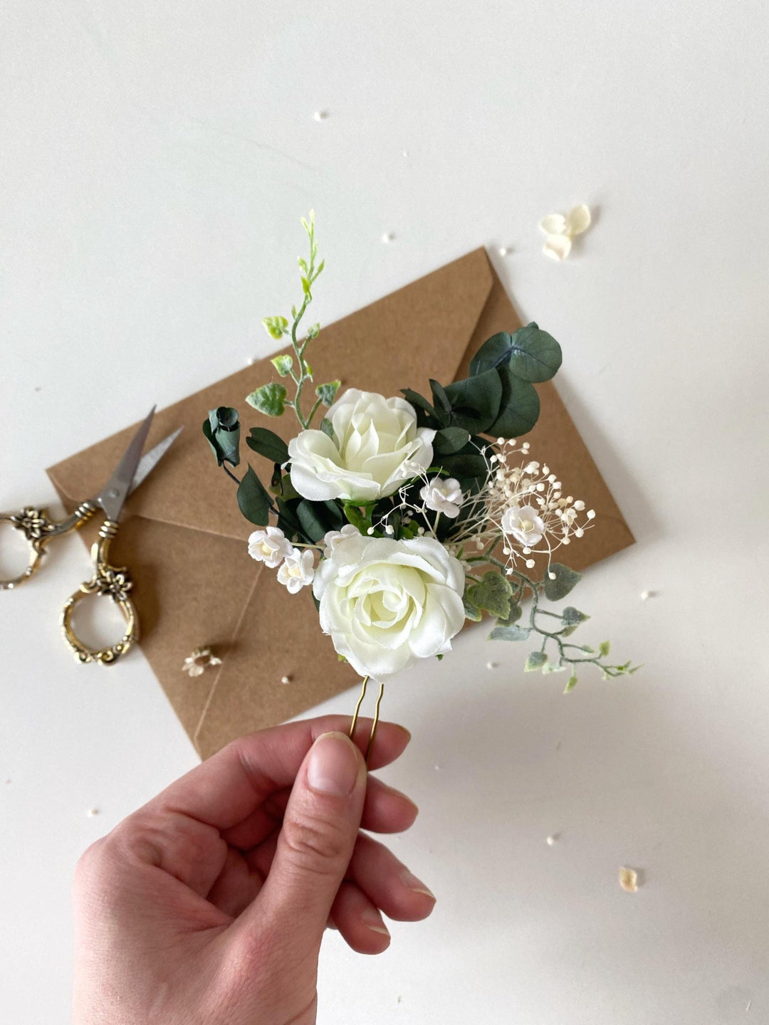 White Rose Hair Pins: Boho Bridal Hair Accessories – handmade floral hair accessory by magaela