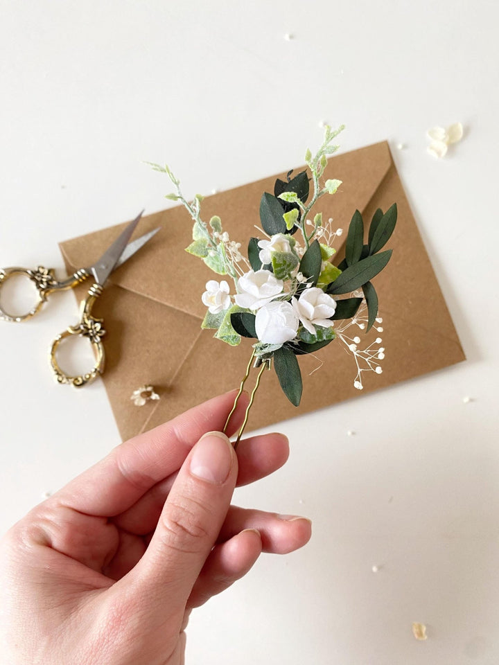 White Rose Hair Pins: Boho Bridal Hair Accessories – handmade floral hair accessory by magaela