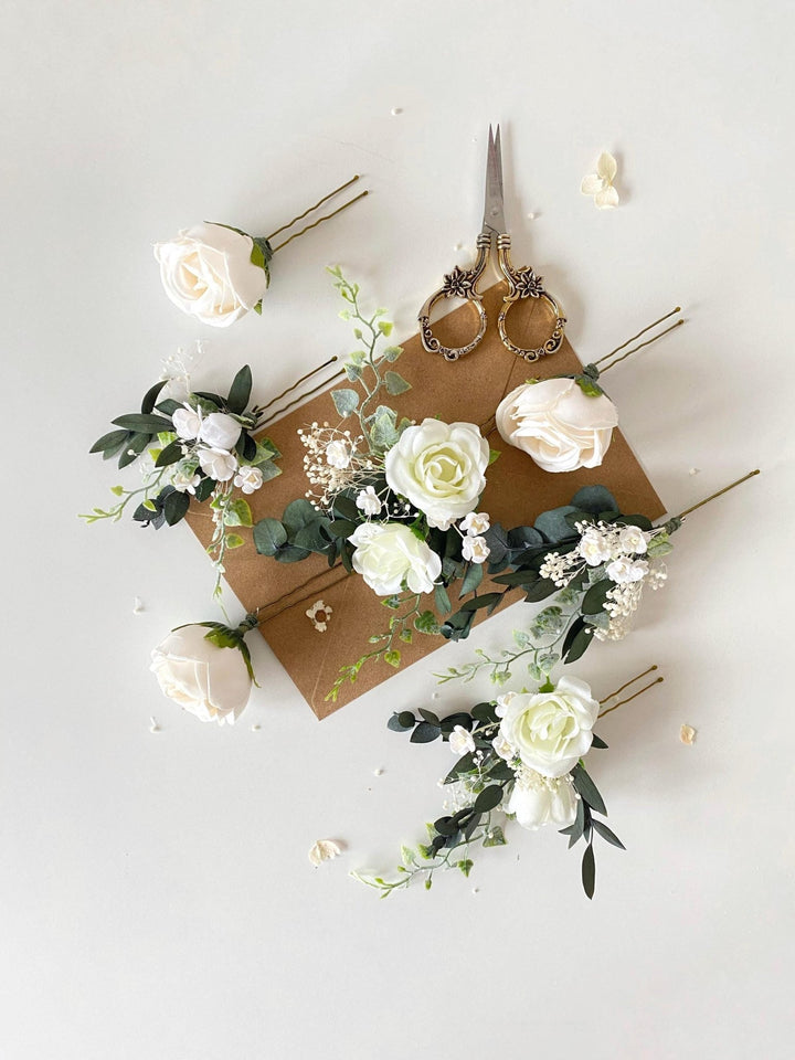 White Rose Hair Pins: Boho Bridal Hair Accessories – handmade floral hair accessory by magaela