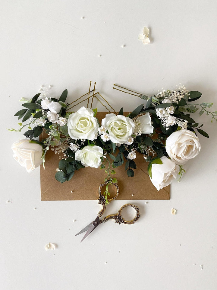 White Rose Hair Pins: Boho Bridal Hair Accessories – handmade floral hair accessory by magaela