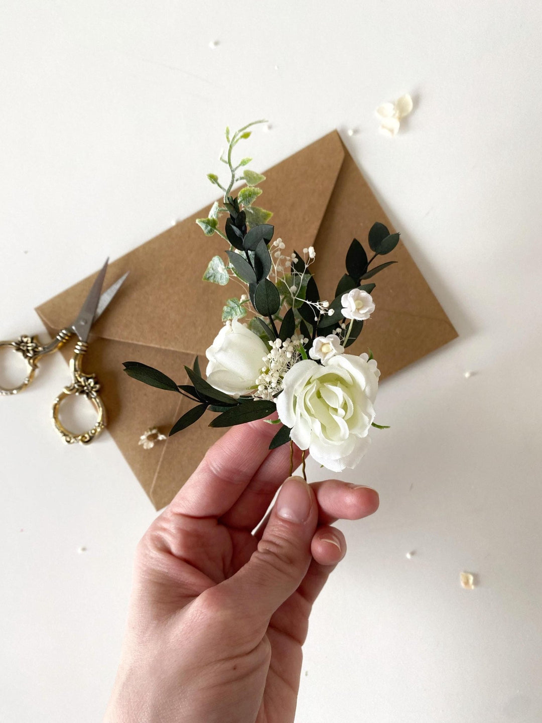 White Rose Hair Pins: Boho Bridal Hair Accessories – handmade floral hair accessory by magaela