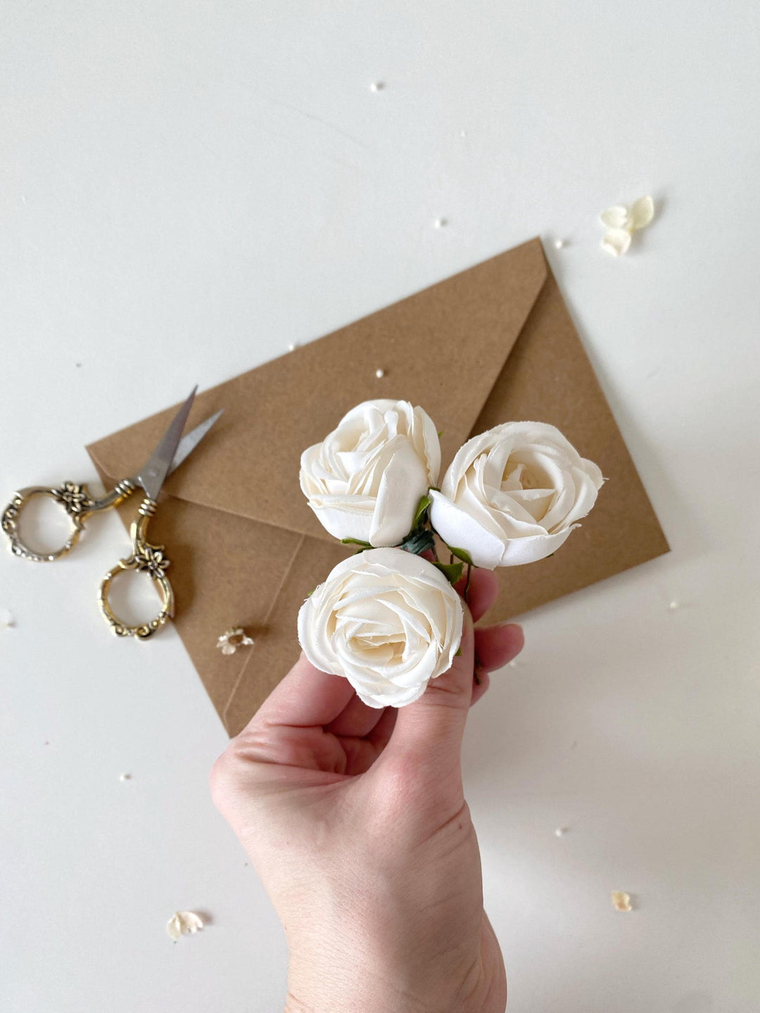 White Rose Hair Pins: Boho Bridal Hair Accessories – handmade floral hair accessory by magaela