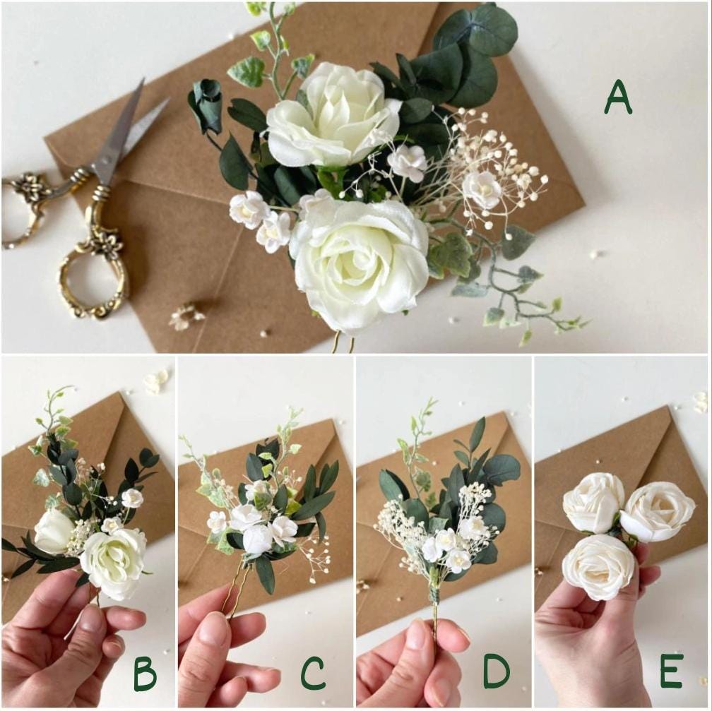 White Rose Hair Pins: Boho Bridal Hair Accessories – handmade floral hair accessory by magaela