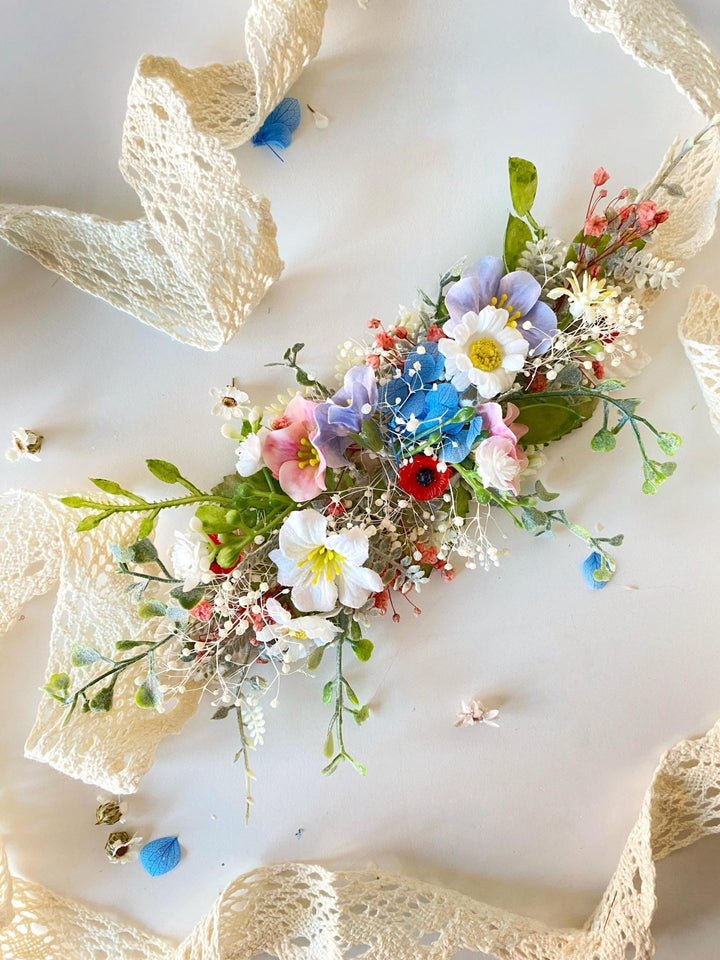 Wildflower Bridal Belt: Colorful Spring Flower Sash – handmade floral hair accessory by magaela