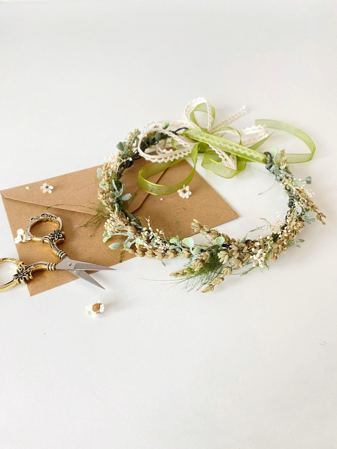 Green Lavender Flower Crown: Preserved Rustic Wedding Half Wreath – handmade floral hair accessory by magaela