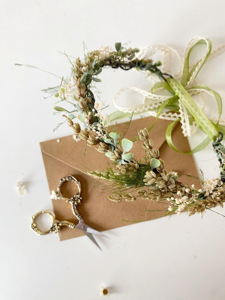 Green Lavender Flower Crown: Preserved Rustic Wedding Half Wreath – handmade floral hair accessory by magaela