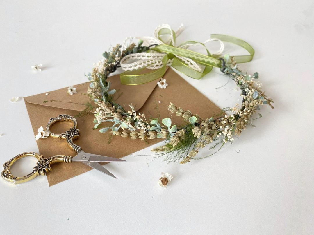 Green Lavender Flower Crown: Preserved Rustic Wedding Half Wreath – handmade floral hair accessory by magaela