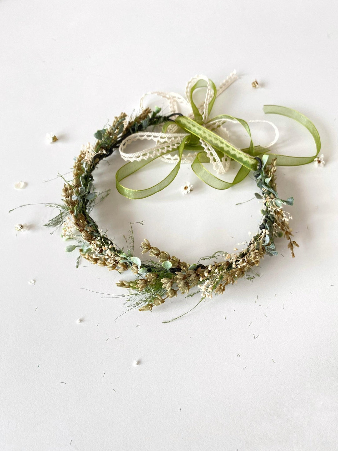 Green Lavender Flower Crown: Preserved Rustic Wedding Half Wreath – handmade floral hair accessory by magaela