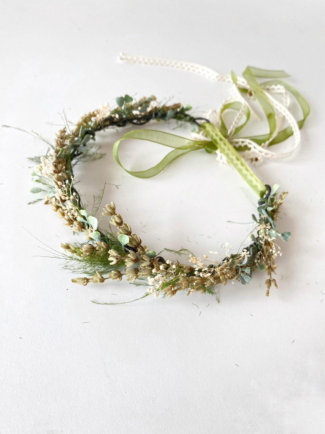 Green Lavender Flower Crown: Preserved Rustic Wedding Half Wreath – handmade floral hair accessory by magaela