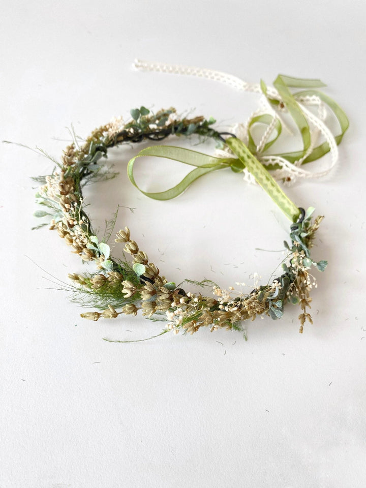 Green Lavender Flower Crown: Preserved Rustic Wedding Half Wreath – handmade floral hair accessory by magaela