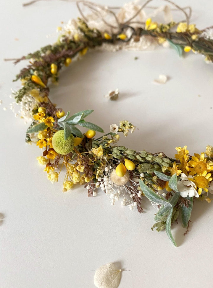 Rustic Flower Wedding Crown: Yellow Green Meadow Hair Wreath – handmade floral hair accessory by magaela