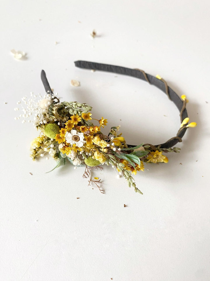 Rustic Flower Headband: Yellow & Green Wildflower Bridal Crown – handmade floral hair accessory by magaela
