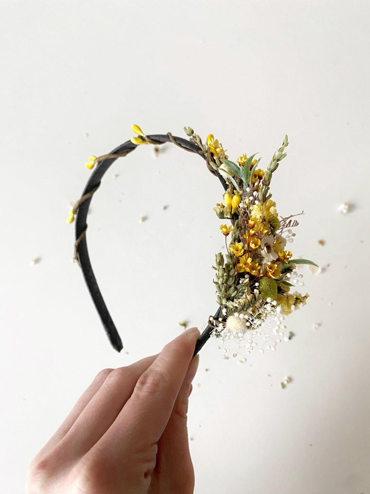 Rustic Floral Headband: Yellow & Green Wildflower Crown, Cottagecore Bride – handmade floral hair accessory by magaela