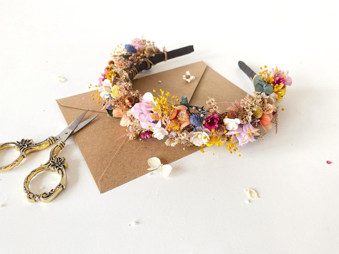 Colorful Wildflower Headband: Boho Bridal Flower Crown – handmade floral hair accessory by magaela