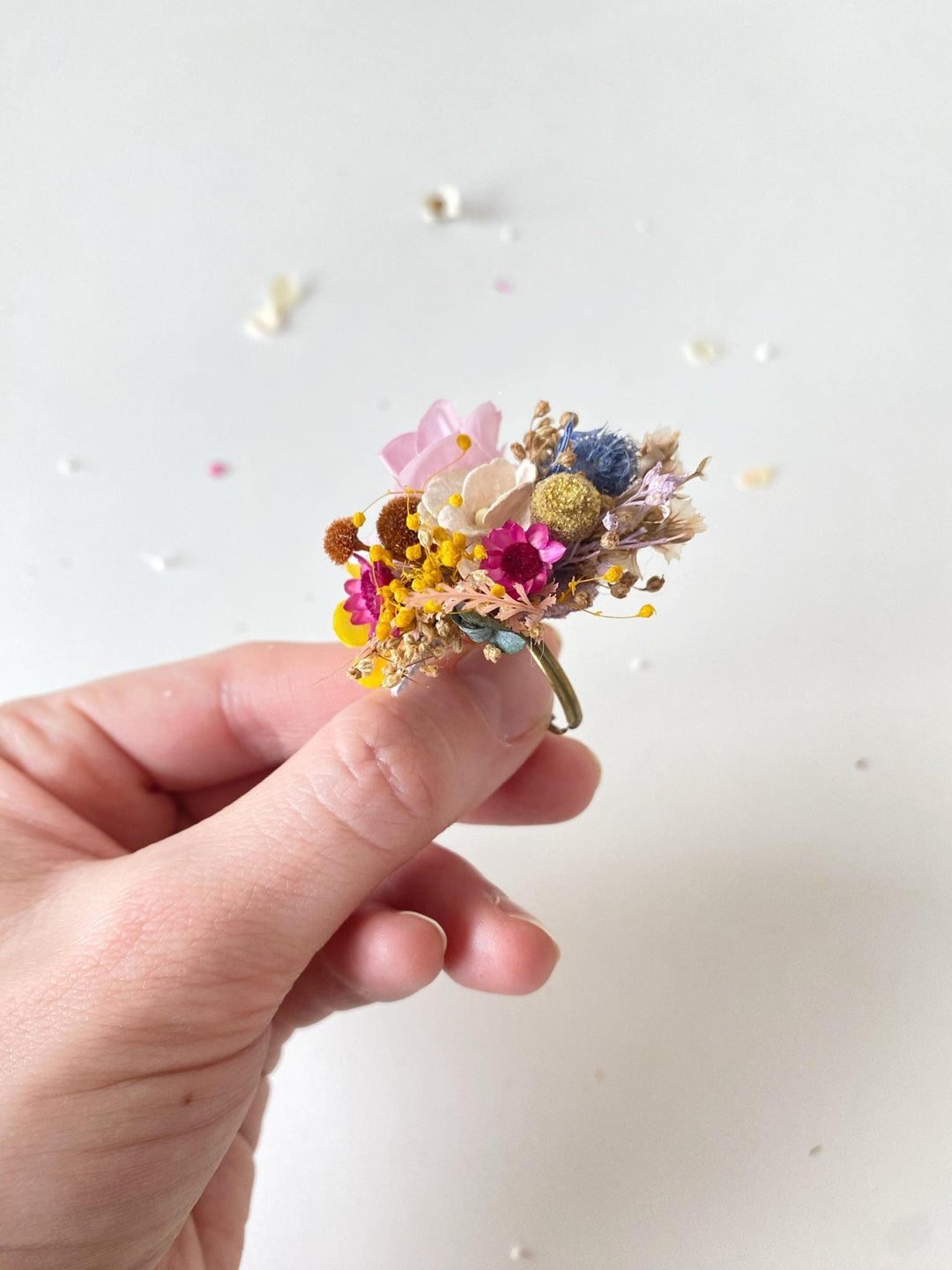Boho Flower Ring: Colorful Meadow Design, Adjustable Floral Jewelry – handmade floral hair accessory by magaela