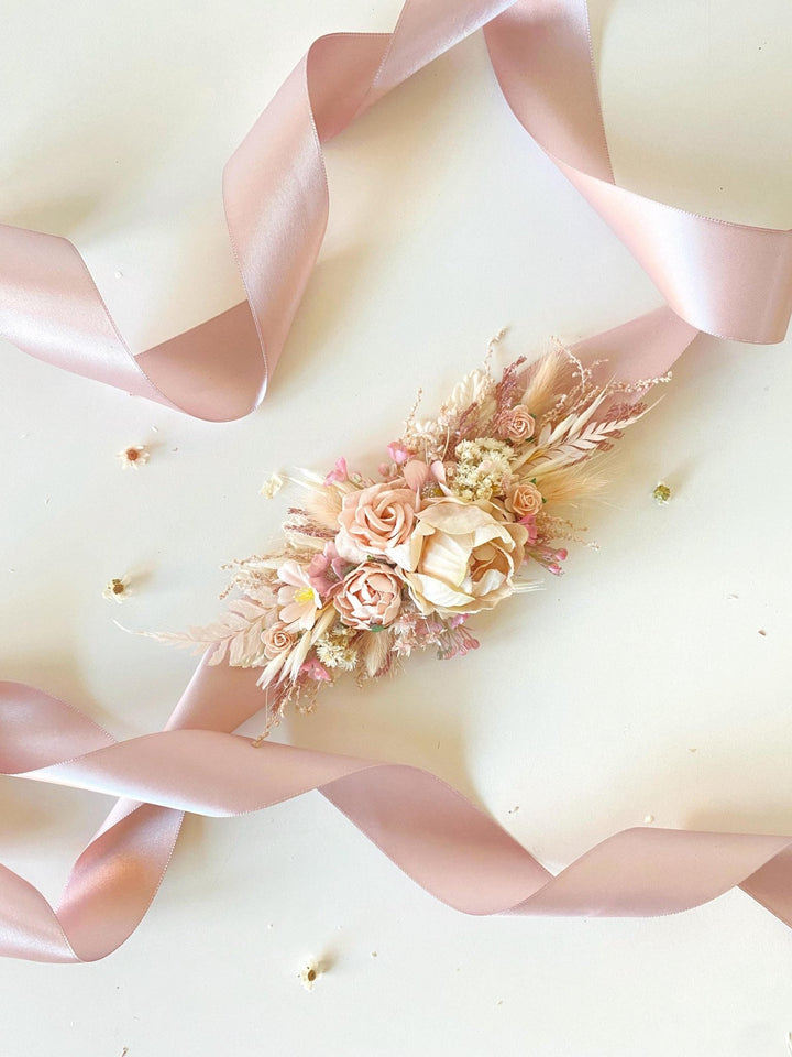 Pale Pink Flower Wedding Belt: Blush Ivory Bridal Sash – handmade floral hair accessory by magaela