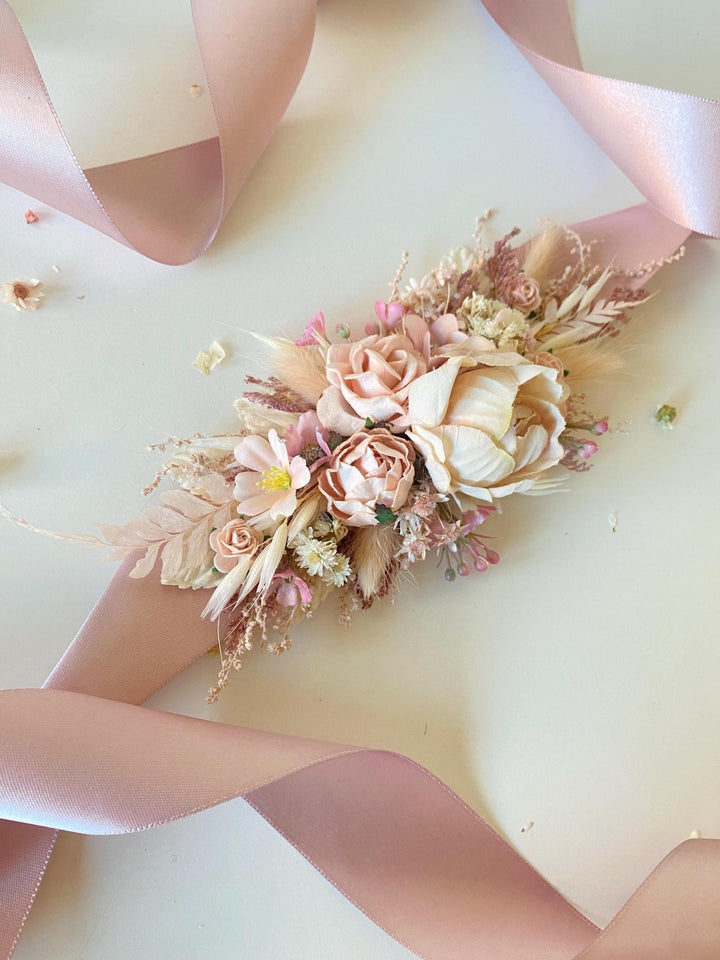 Pale Pink Flower Wedding Belt: Blush Ivory Bridal Sash – handmade floral hair accessory by magaela