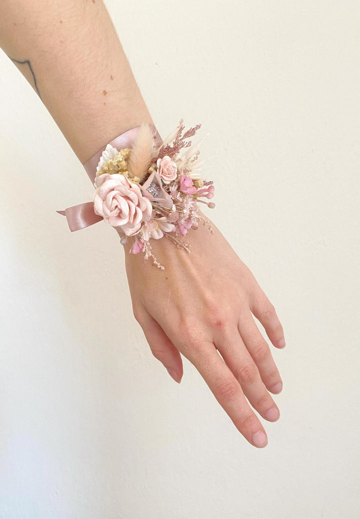 Pink Flower Wedding Corsage Bracelet: Romantic Bride Accessory – handmade floral hair accessory by magaela