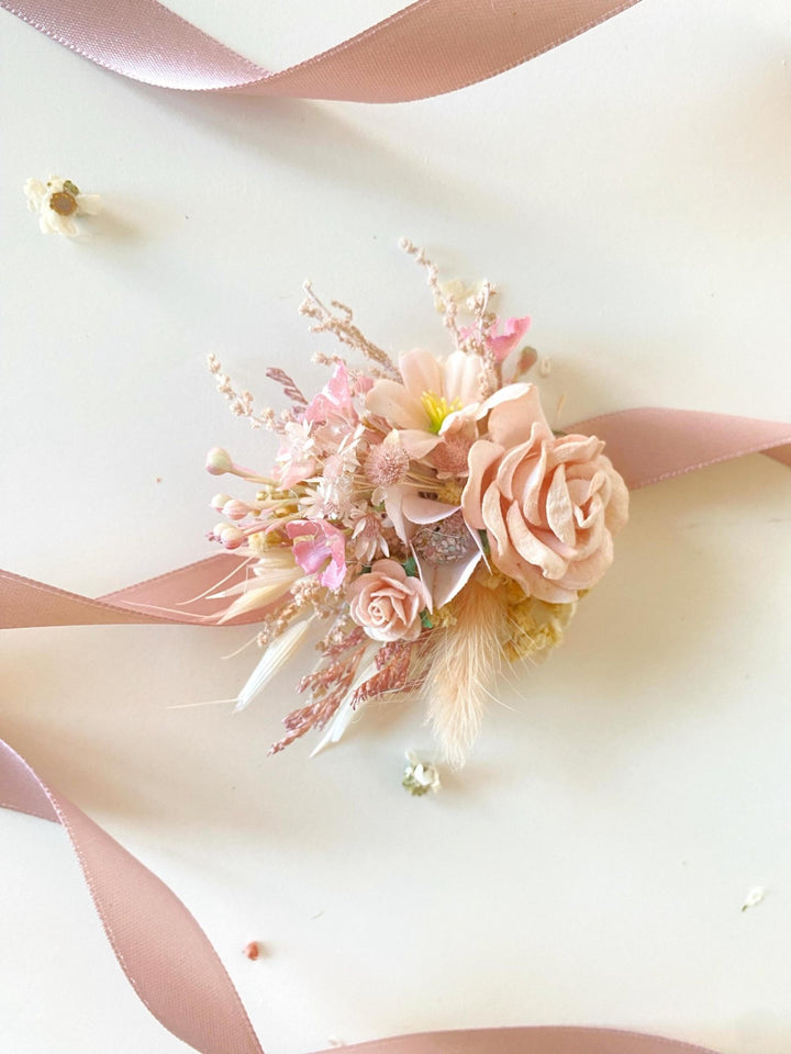 Pink Flower Wedding Corsage Bracelet: Romantic Bride Accessory – handmade floral hair accessory by magaela