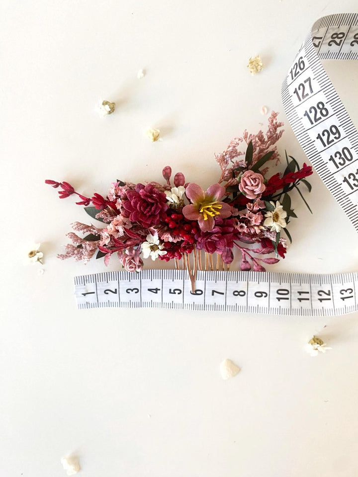 Burgundy Flower Hair Comb: Rustic Bridal Boho Wedding Accessory – handmade floral hair accessory by magaela
