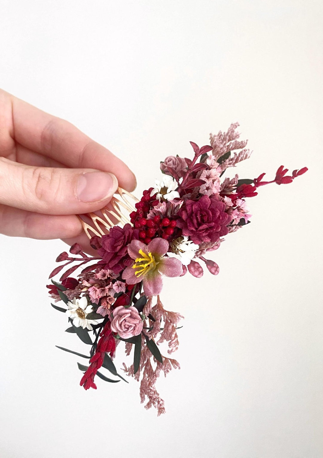 Burgundy Flower Hair Comb: Rustic Bridal Boho Wedding Accessory – handmade floral hair accessory by magaela
