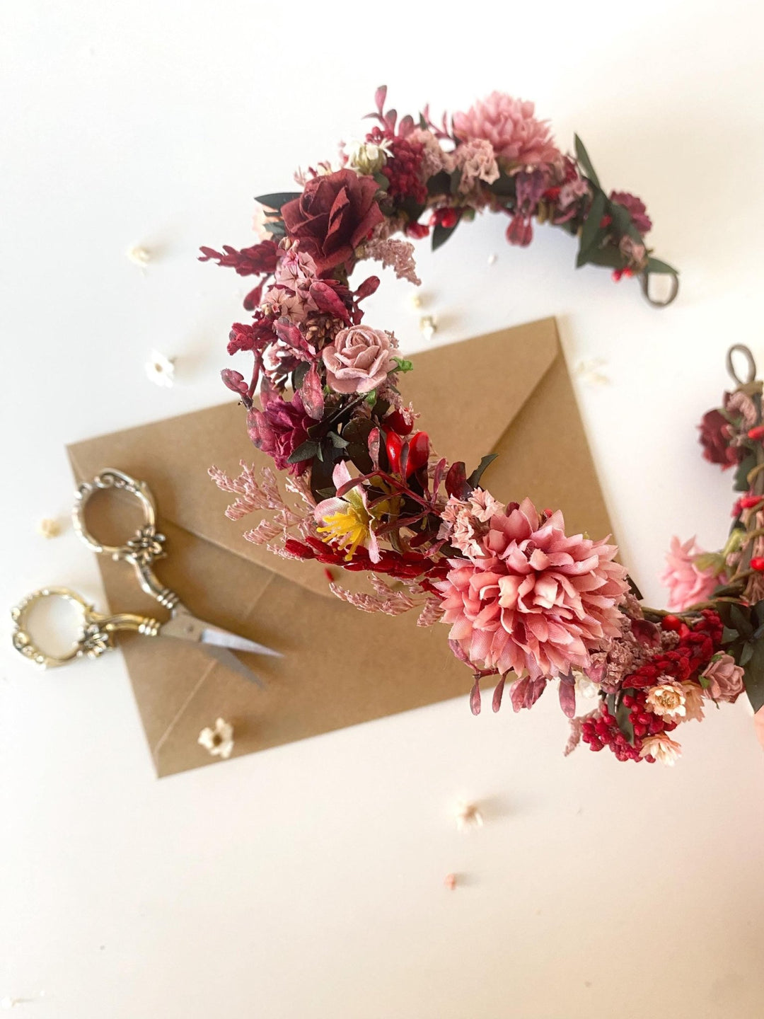 Burgundy Pink Flower Half Wreath: Boho Wedding Crown – handmade floral hair accessory by magaela