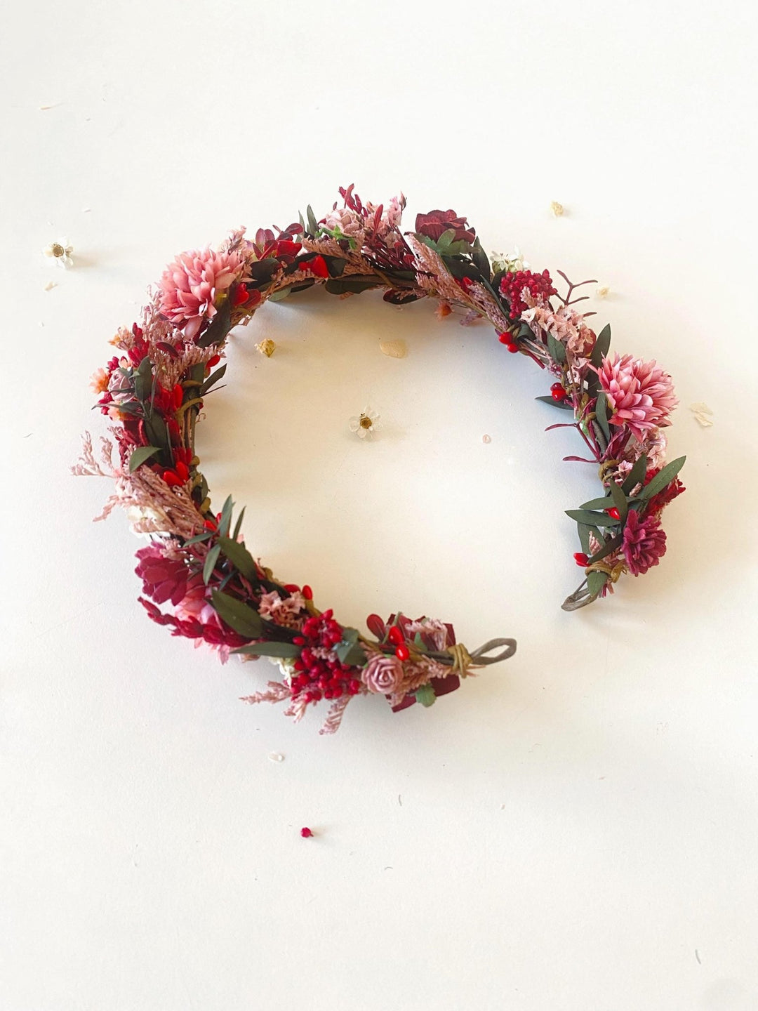 Burgundy Pink Flower Half Wreath: Boho Wedding Crown – handmade floral hair accessory by magaela