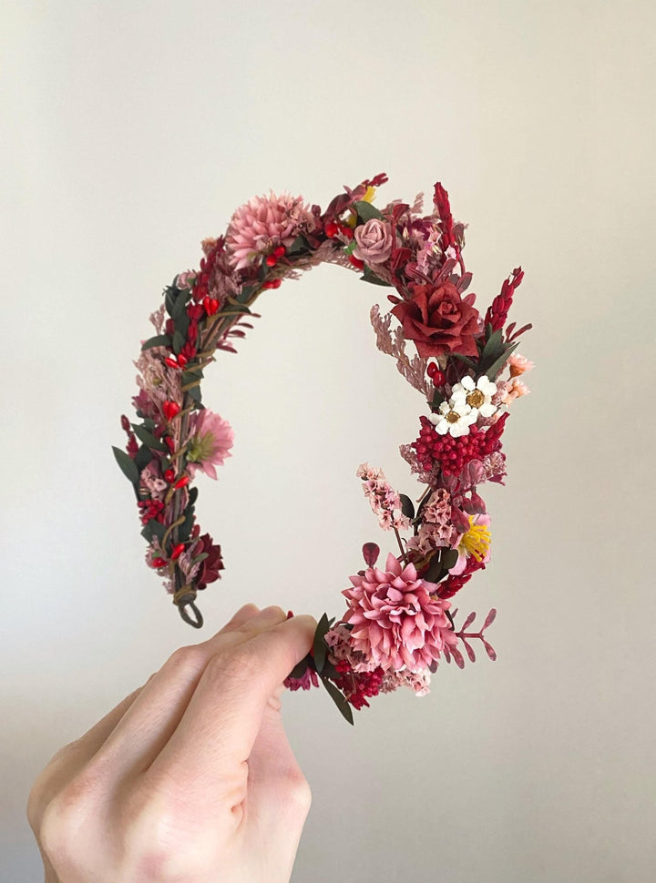 Burgundy Pink Flower Half Wreath: Boho Wedding Crown – handmade floral hair accessory by magaela