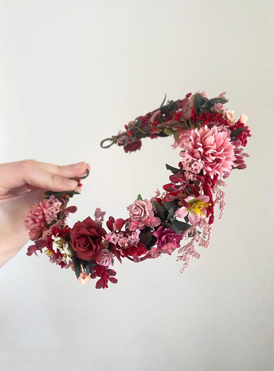 Burgundy Pink Flower Half Wreath: Boho Wedding Crown – handmade floral hair accessory by magaela