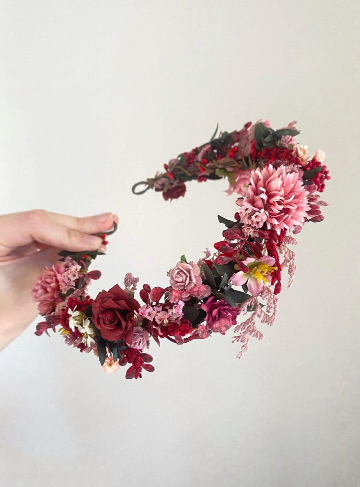Burgundy Pink Flower Half Wreath: Boho Wedding Crown – handmade floral hair accessory by magaela