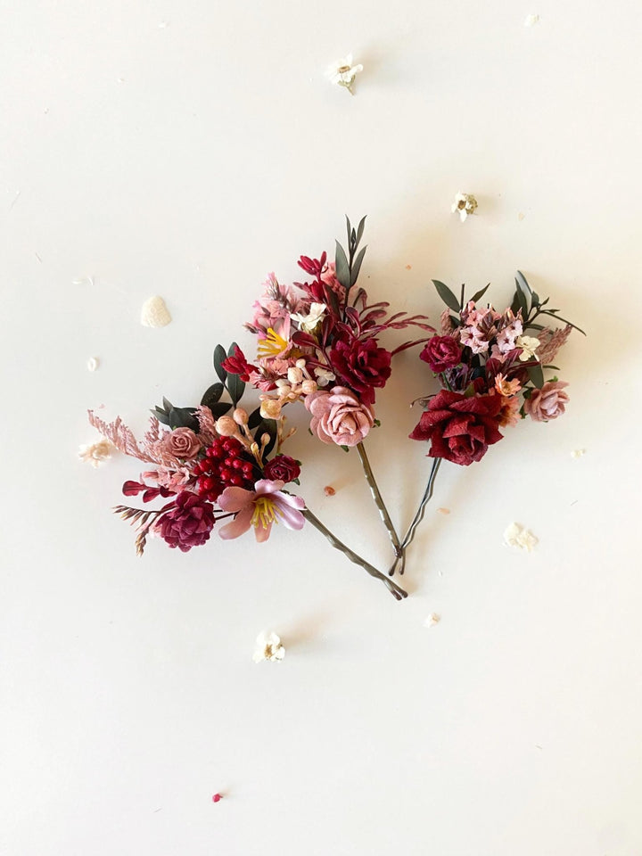 Rustic Flower Hairpins: Burgundy & Pink Bridal Bobby Pins – handmade floral hair accessory by magaela