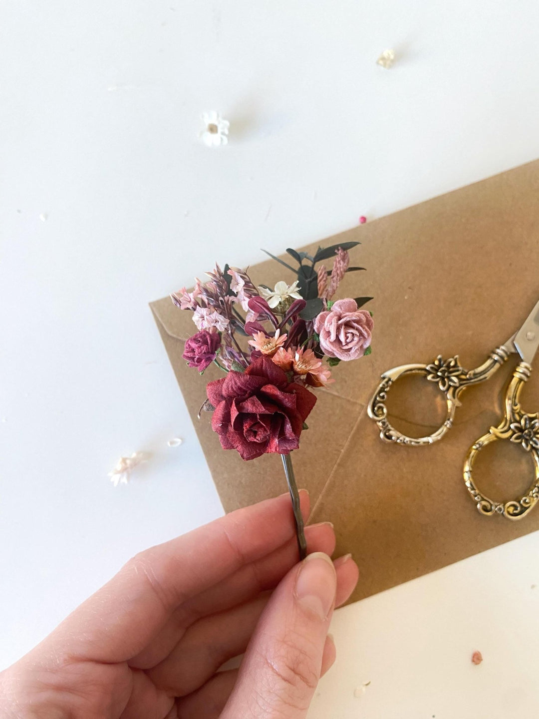 Rustic Burgundy Flower Hair Pins: Cottagecore Bridal Bobby Pins – handmade floral hair accessory by magaela