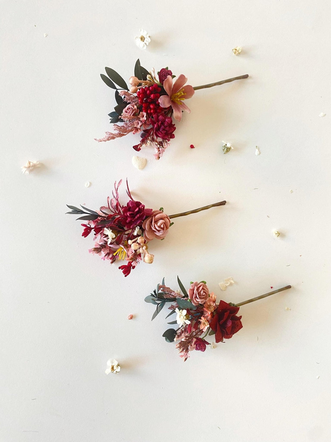Rustic Burgundy Flower Hair Pins: Cottagecore Bridal Bobby Pins – handmade floral hair accessory by magaela