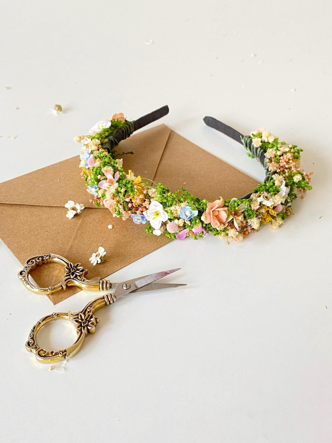 Pastel Flower Headband: Boho Bridal Meadow Crown – handmade floral hair accessory by magaela