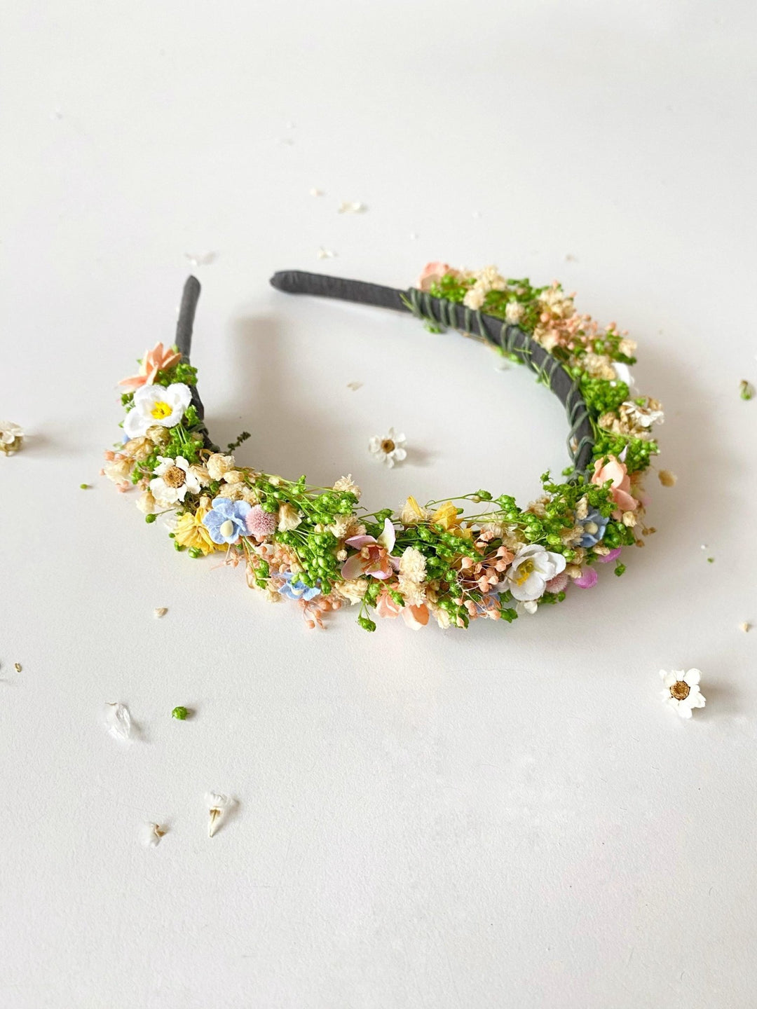 Pastel Flower Headband: Boho Bridal Meadow Crown – handmade floral hair accessory by magaela