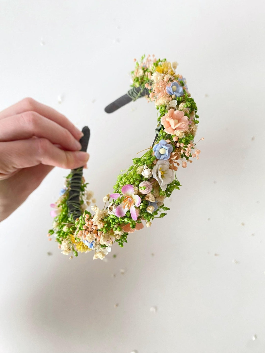 Pastel Flower Headband: Boho Bridal Meadow Crown – handmade floral hair accessory by magaela