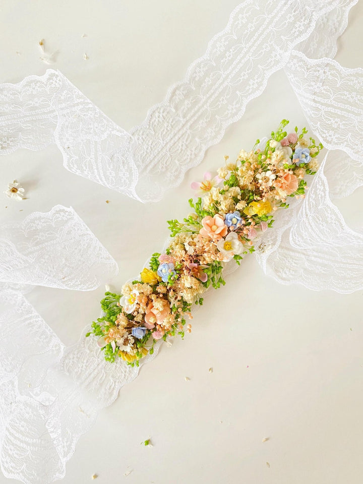 Pastel Flower Bridal Belt: Boho Meadow Wedding Dress Accessory – handmade floral hair accessory by magaela