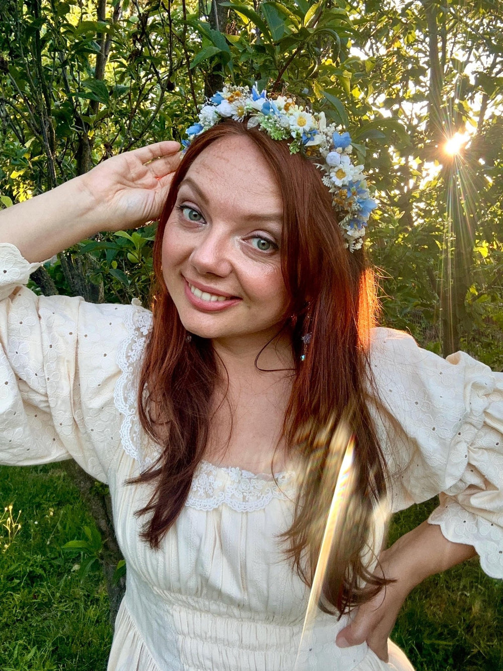 Meadow Flower Headband: White, Blue, & Daisy Bridal Headpiece – handmade floral hair accessory by magaela