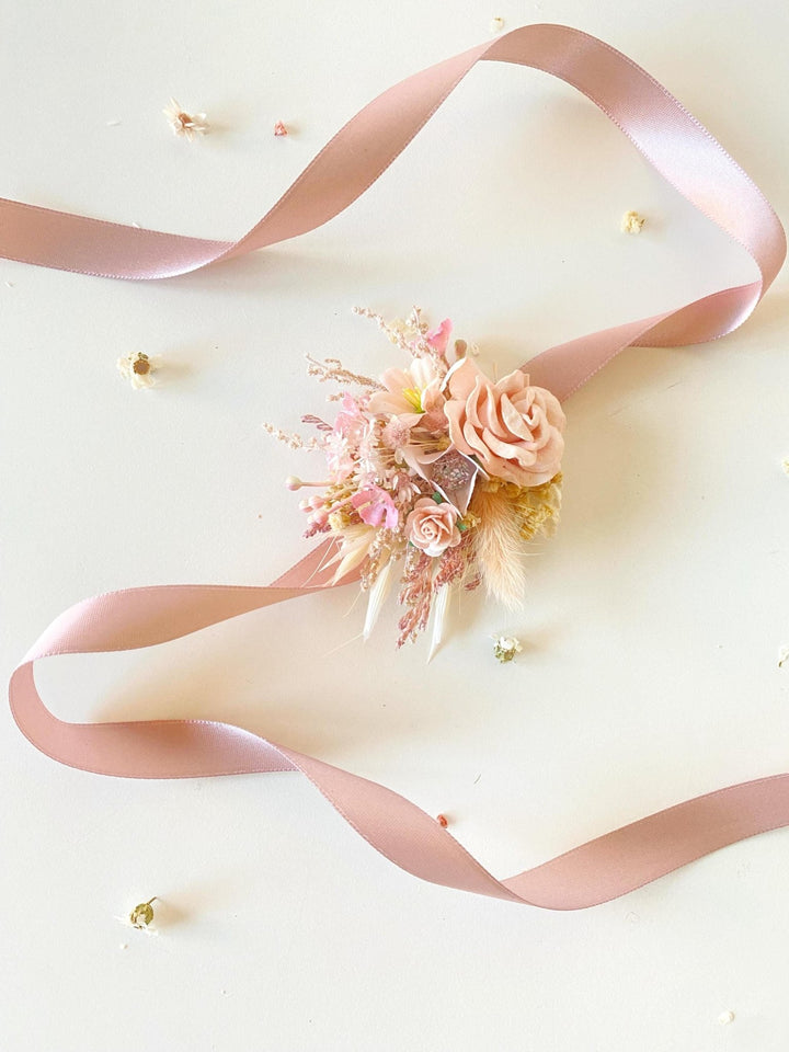 Pink Flower Wedding Corsage Bracelet: Romantic Bride Accessory – handmade floral hair accessory by magaela