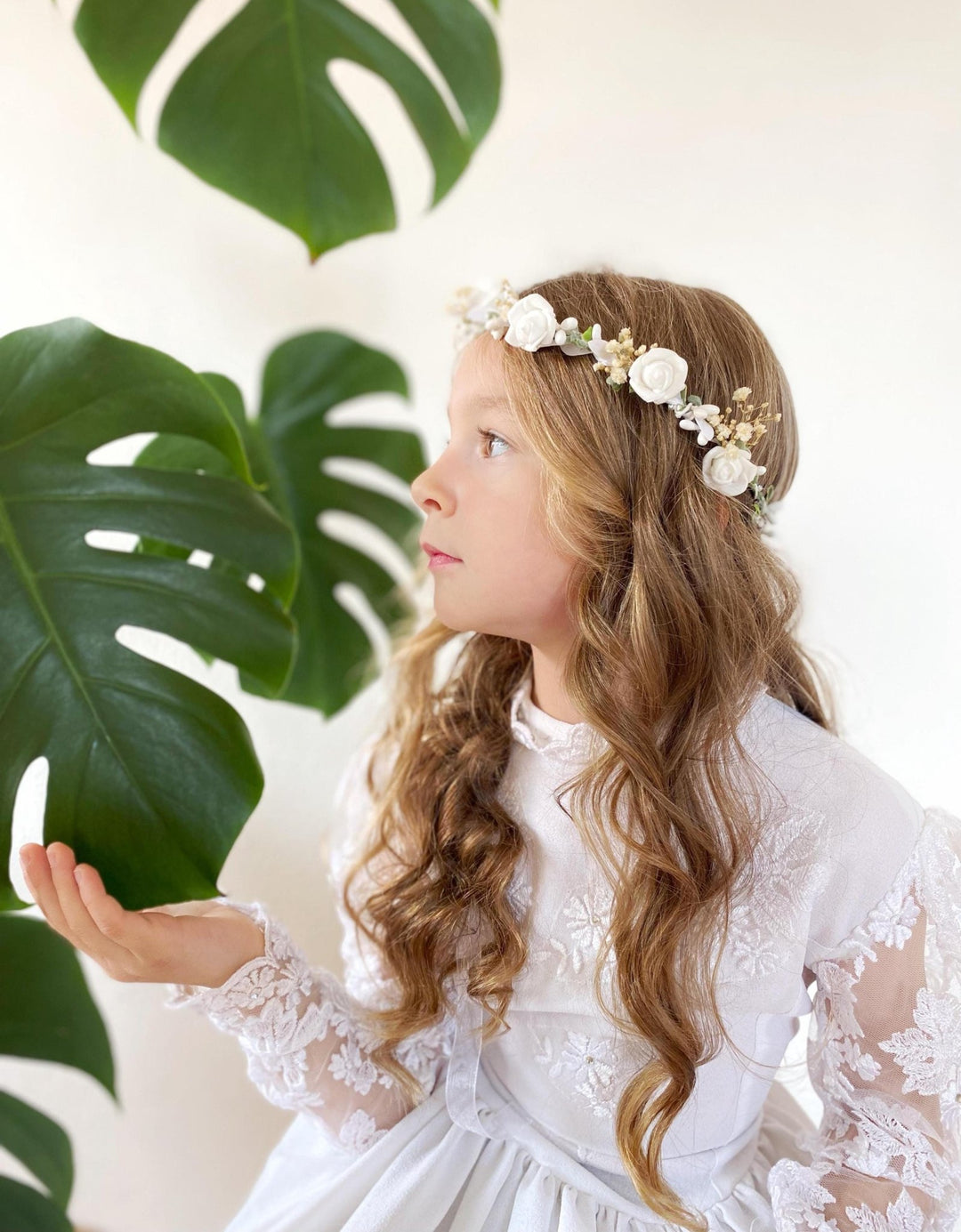 White Rose Flower Crown: First Communion, Wedding Headpiece – handmade floral hair accessory by magaela