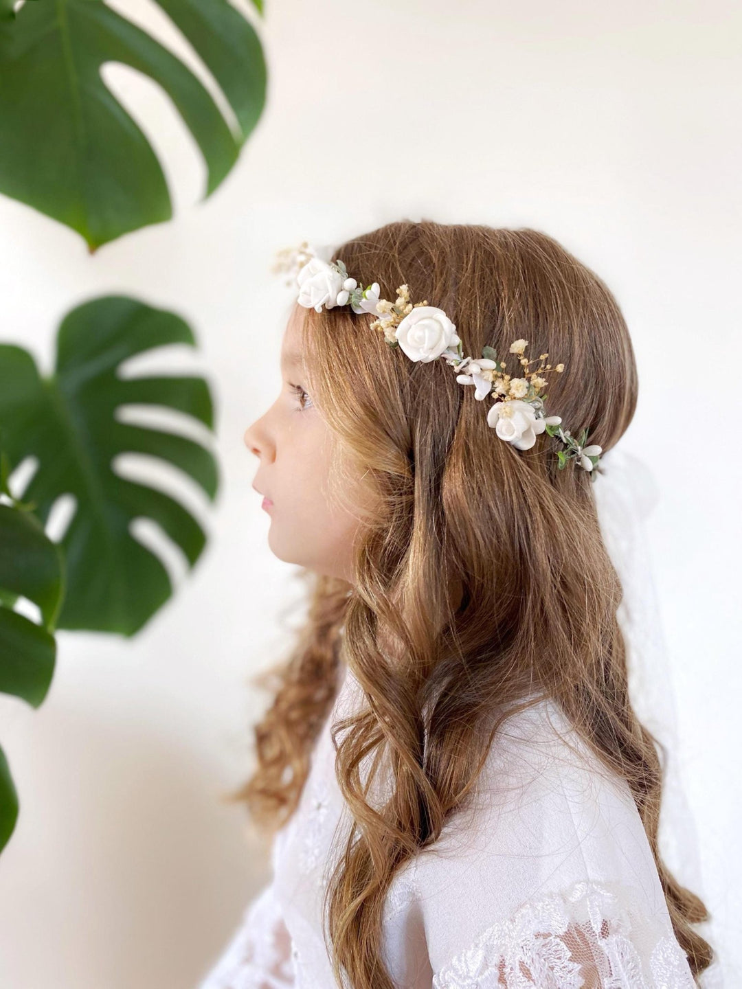 White Rose Flower Crown: First Communion, Wedding Headpiece – handmade floral hair accessory by magaela