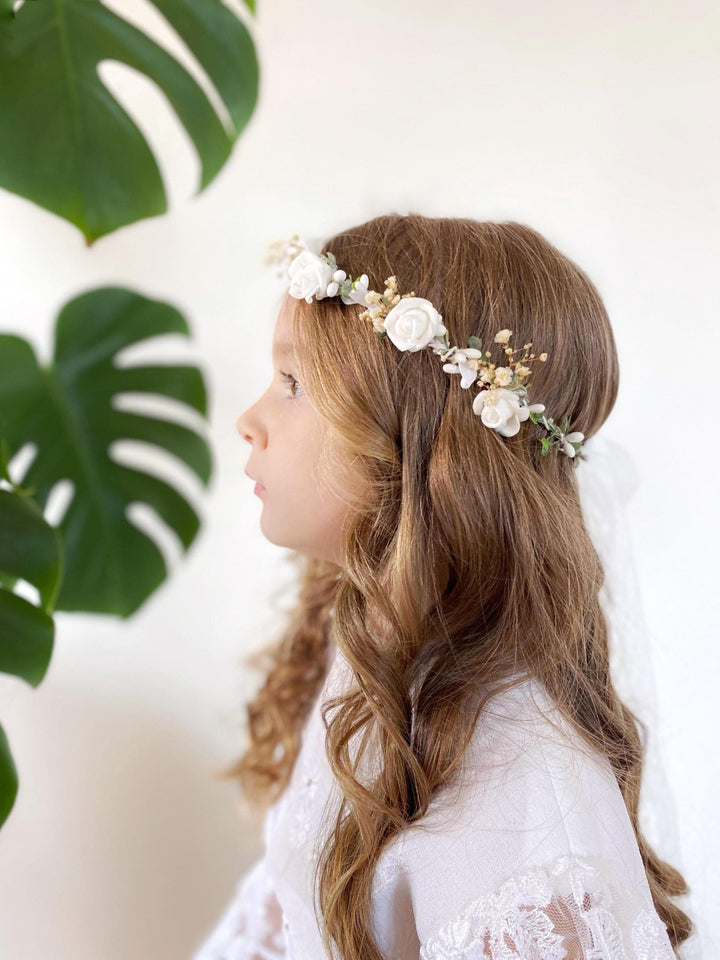 White Rose Flower Crown: First Communion, Wedding Headpiece – handmade floral hair accessory by magaela