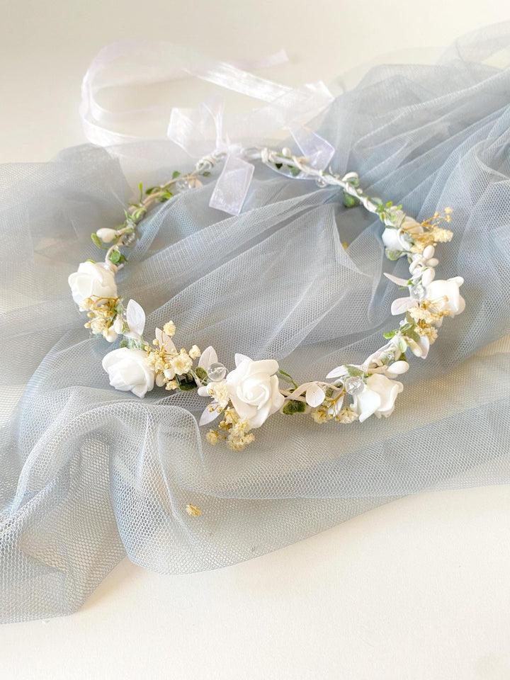 White Rose Flower Crown: First Communion, Wedding Headpiece – handmade floral hair accessory by magaela