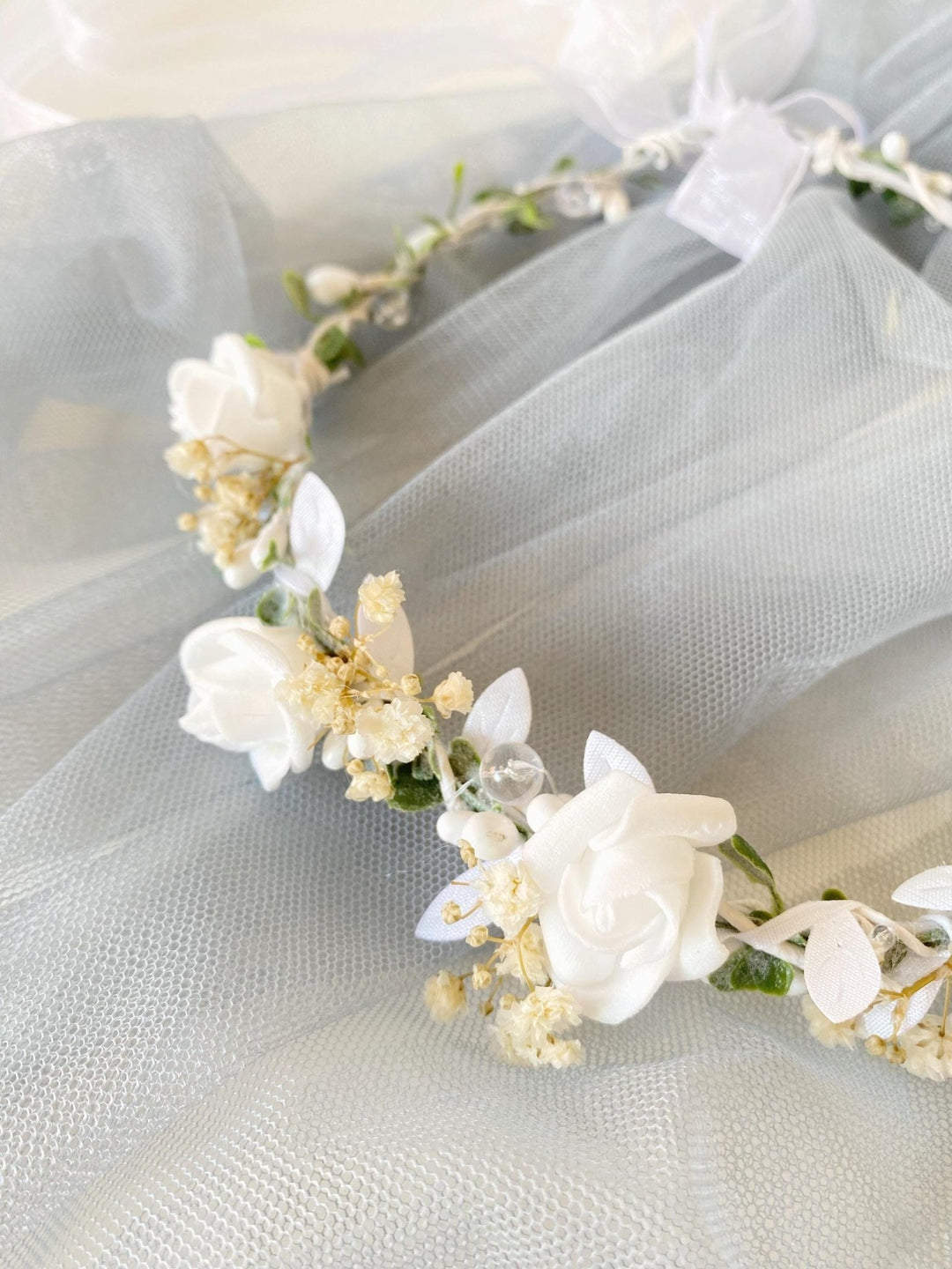 White Rose Flower Crown: First Communion, Wedding Headpiece – handmade floral hair accessory by magaela