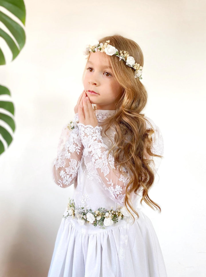 First Communion Set: White Rose Wreath, Flower Belt & Bracelet – handmade floral hair accessory by magaela