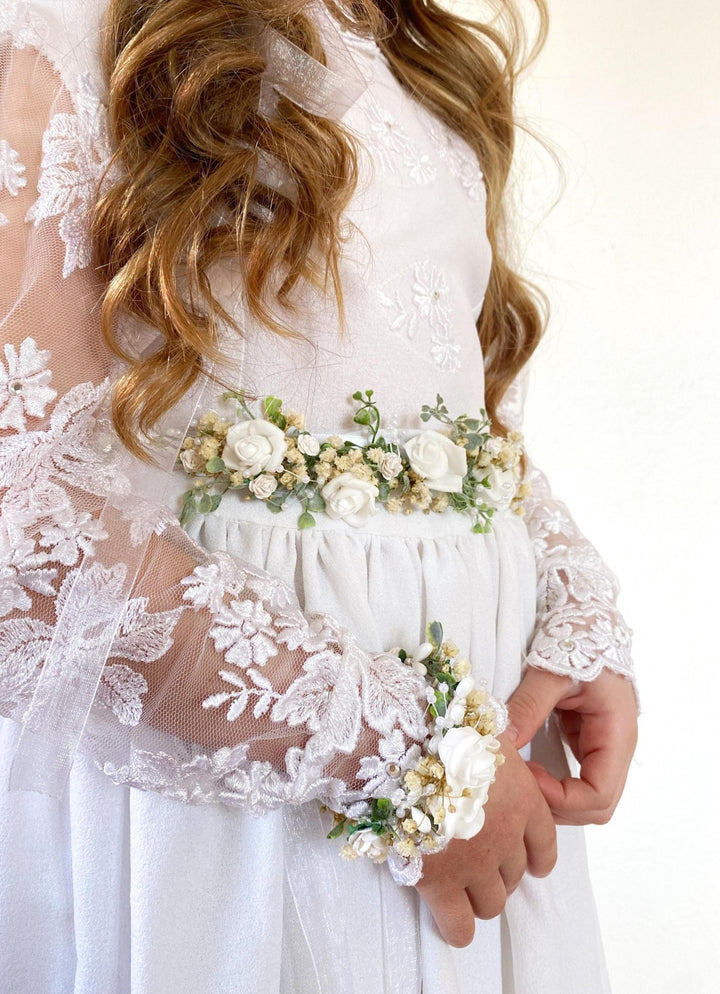 First Communion Set: White Rose Wreath, Flower Belt & Bracelet – handmade floral hair accessory by magaela